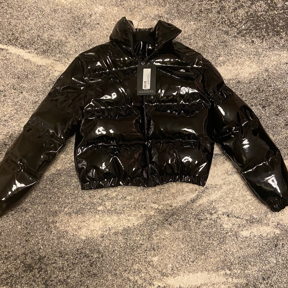 Black Cropped Vinyl Puffer with tags
